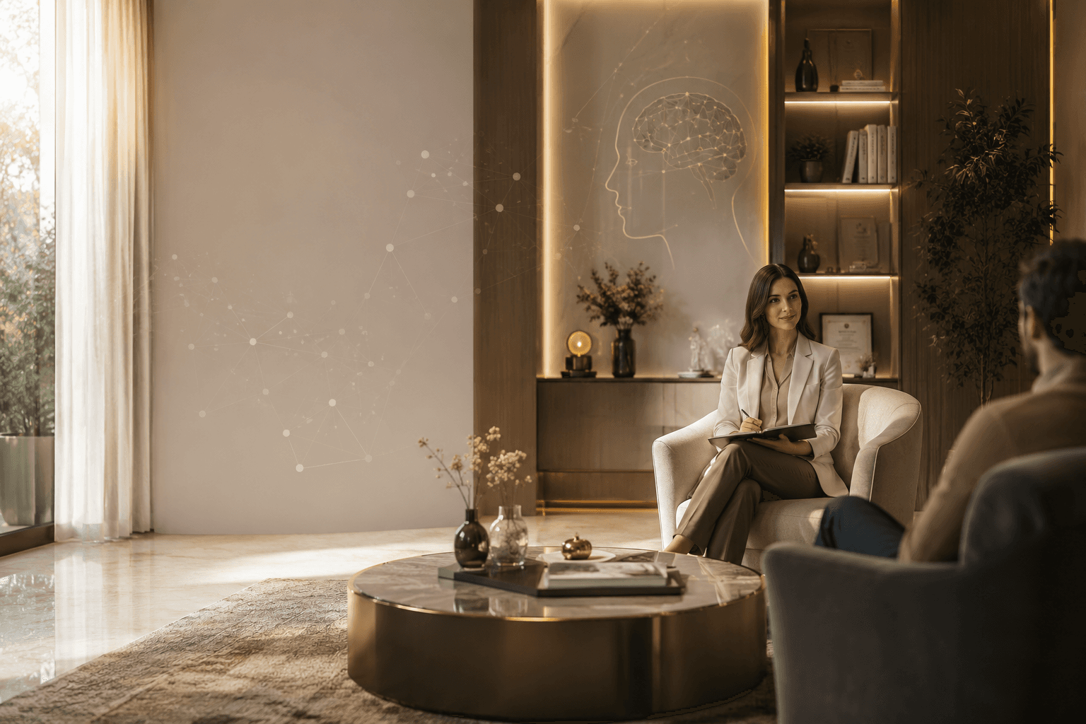 Clinical Psychologist meeting with a patient in a calming therapy office